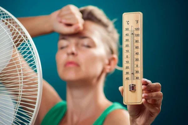 Portrait Woman Front Fan Suffering Heat Hot Weather Concept — Stock Photo, Image