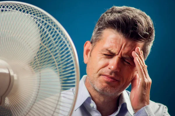 Portrait Businessman Front Fan Suffering Heat Hot Weather Concept — Stock Photo, Image