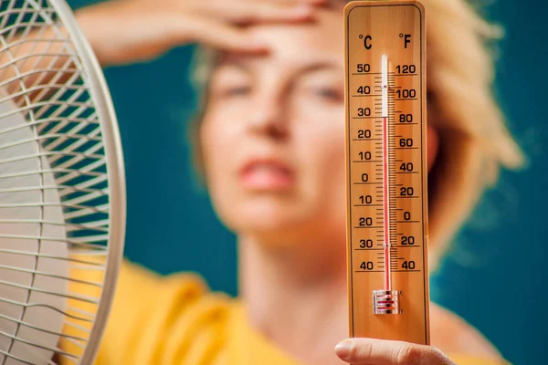 Portrait Woman Front Fan Suffering Heat Holding Thermometer Hot Weather Imagens De Bancos De Imagens