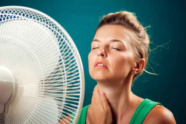 Portrait Woman Front Fan Suffering Heat Hot Weather Concept Royalty Free Stock Photos