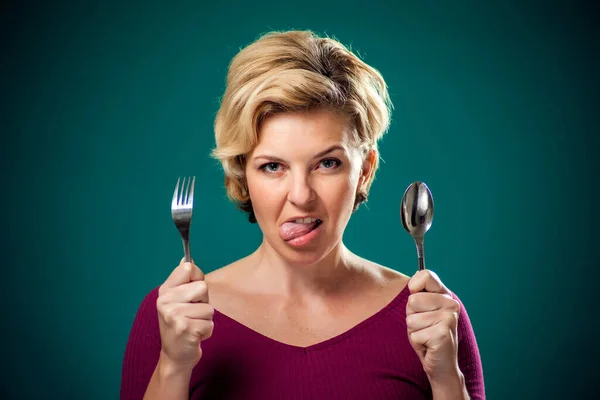 Portrait Hungry Woman Short Blond Hair Holding Spoon Fork People Stock Picture