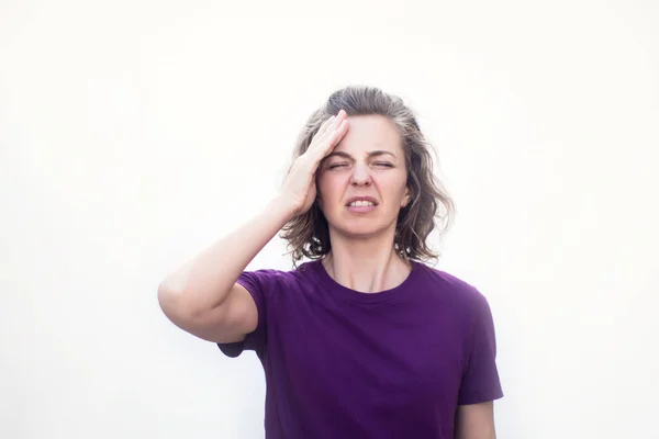 Woman Feeling Headache Stressed Female Isolated — Stok Foto