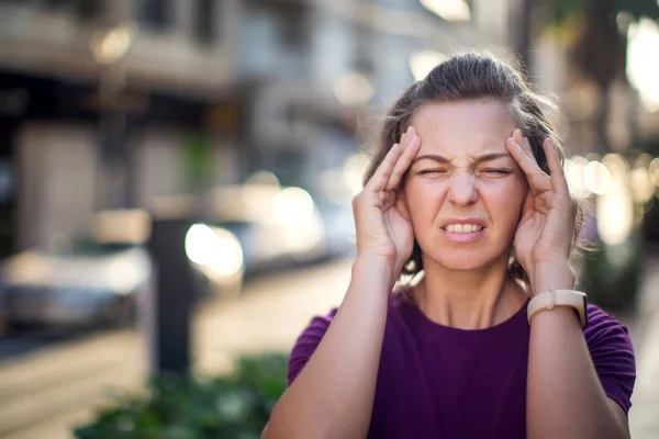 Female Feeling Headache Street Stressed Woman — Stok Foto