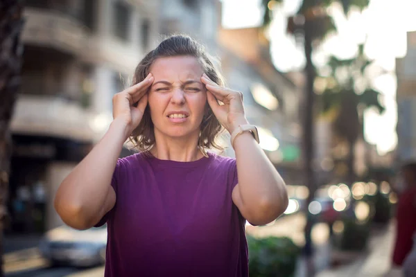Female Feeling Headache Street Stressed Woman — Stok Foto