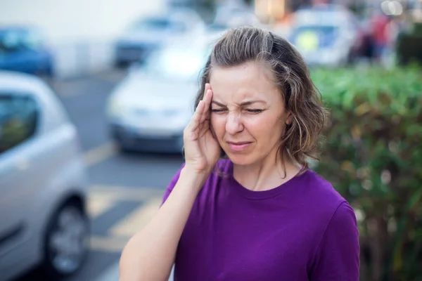 Female Feeling Headache Street Stressed Woman — Stok Foto