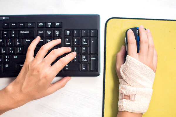 Elastic Bandage Hand Working Computer Mouse Healthcare Medicine Close Stock Photo