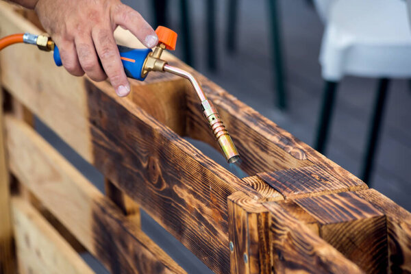 Burning Wood Planks Gas Burner Diy Procces Carpentry Stock Photo