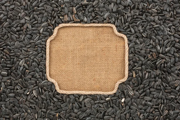 Figured frame made of rope with sunflower seeds on sackcloth — Stock fotografie