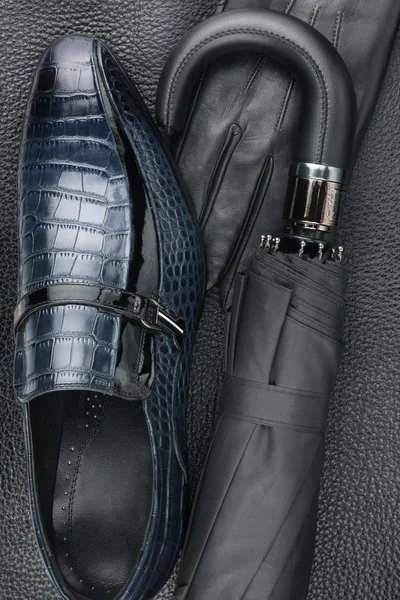 Ensemble masculin d'accessoires de mode, chaussures, parapluie, gants — Photo