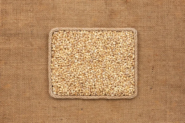 Frame made of rope with pearl barley grains on sackcloth — Stock Photo, Image