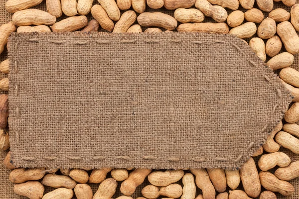 Pointer of burlap lying on a peanuts background — Stock Photo, Image