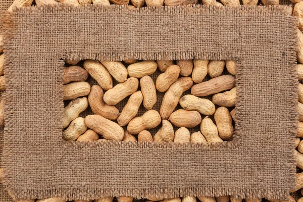 Frame made of rough burlap lies on peanuts — Stock Photo, Image