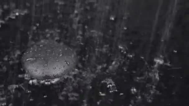 Caída de gotas de lluvia en el agua con piedra negra — Vídeos de Stock