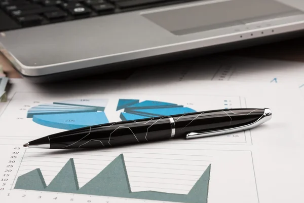 Escritorio de hombre de negocios, pluma y portátil y diagrama de trabajo — Foto de Stock