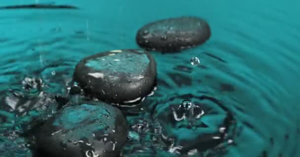Gotas de lluvia cayendo en agua verde y sobre piedras negras. — Vídeo de stock