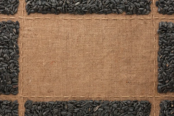 Beautiful frame with sunflower seeds on sackcloth — Stock Photo, Image
