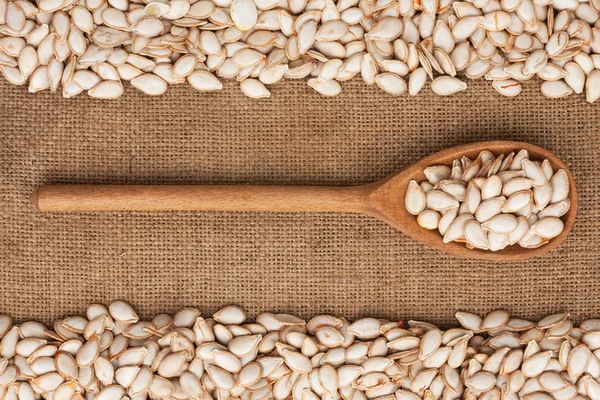 Cucchiaio di legno con semi di zucca si trova su sacco — Foto Stock