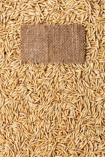 Tag made of burlap lies against the backdrop of oat — Stock Photo, Image