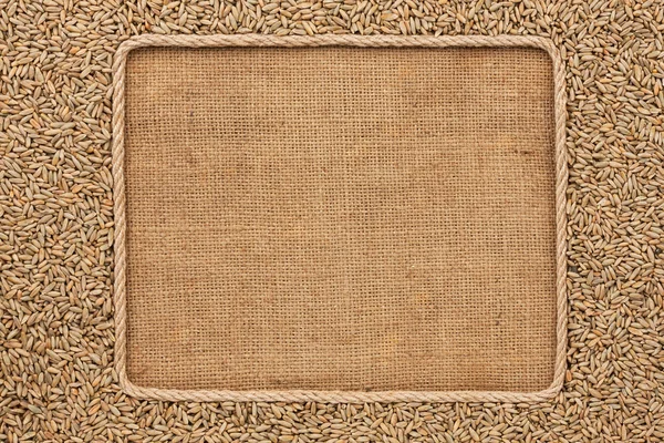 Frame made of rope with rye grains on sackcloth — Stock Photo, Image