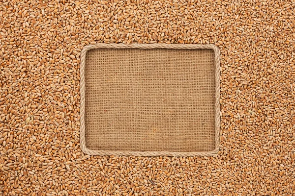 Buğday taneleri üzerinde çul iple yapılmış çerçeve — Stok fotoğraf
