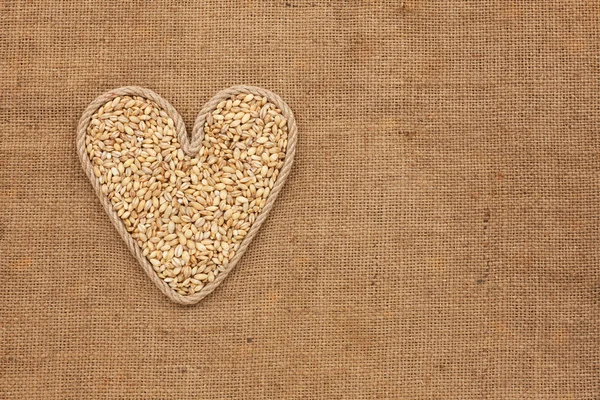 Cuore realizzato in corda con grani di orzo perlato adagiati sul sacco — Foto Stock