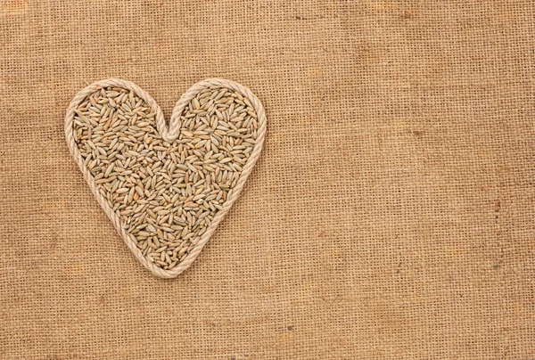 Coeur fait de corde avec des grains de seigle couché sur un sac — Photo