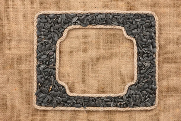 stock image Two frames made of rope with sunflower seeds on sackcloth