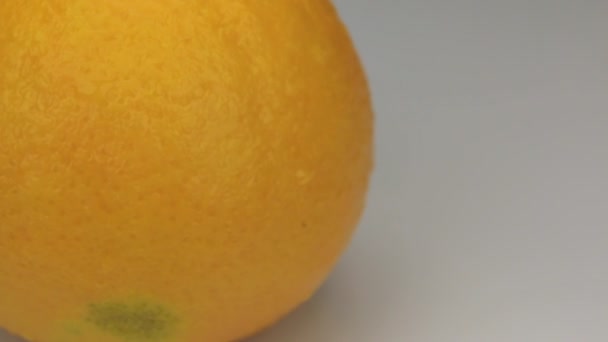 Extreme close-up oranje in druppels dauw draait op de as. — Stockvideo