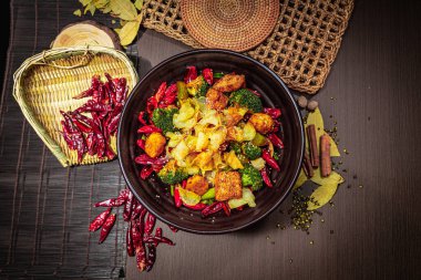 Tofu ya da etle birlikte baharatlı kızartma, çıtır patates dilimleri, brokoli ve kurutulmuş kırmızı biber, susam tohumuyla süslenmiş ve kırsal baharatlarla çevrili..