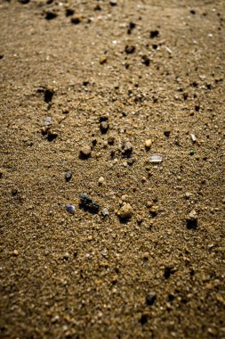 İnce tanecikler, çakıl taşları ve kabuk parçalarıyla, doğal dokuyu ve aydınlatmayı gösteren kaba kumların yakın çekimi..