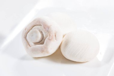 Agaricus bisporus 'un beyaz bir tabakta bulunan iki taze beyaz mantarın yüksek kalite stok fotoğrafı taze dokularını ve doğal renklerini sığ bir alan derinliğiyle vurguluyor.