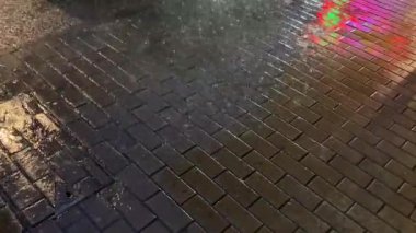 Şehir sokakları, akşam hafif bir yağmurda rengarenk bir ışık ve su dansını yansıtıyor.