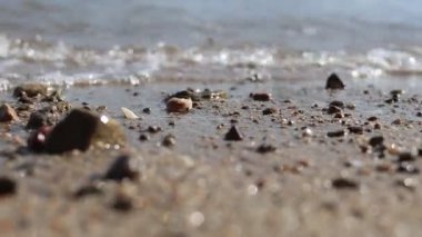 Kumlu sahil boyunca büyüleyici bir yolculuk. Yumuşak dalgalar gün batımında çakıl taşlarını okşarken.