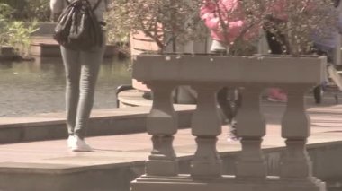 Güneşli bir öğleden sonra, canlı çiçeklerle çevrili sakin bir bahçe yolunda yürüyorum.