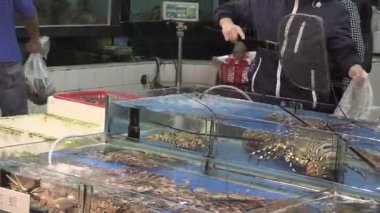 Taze deniz ürünleri pazarı sabahın erken saatlerinde canlı kabukluların canlı görüntüleriyle çalkalanıyor.