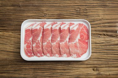 İnce dilimlenmiş çiğ domuz eti ile beyaz tepsi ahşap bir yüzeyde, sıcak tencere pişirmeye hazır..