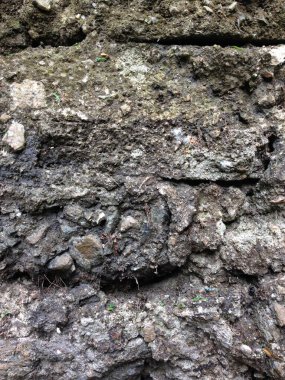 Görünür çatlaklara ve toprak dokularına sahip engebeli kaya ve toprak katmanlarına yakın çekim.