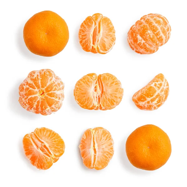 Pattern Whole Tangerines Mandarin Orange Fruits Peeled Segments Isolated White — Stock Photo, Image