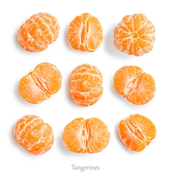 Pattern Whole Peeled Tangerines Mandarin Orange Fruits Peeled Segments Isolated — Stock Photo, Image