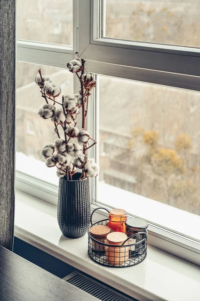 Set Candles Different Glass Jars Cotton Flowers Window — Stock Photo, Image