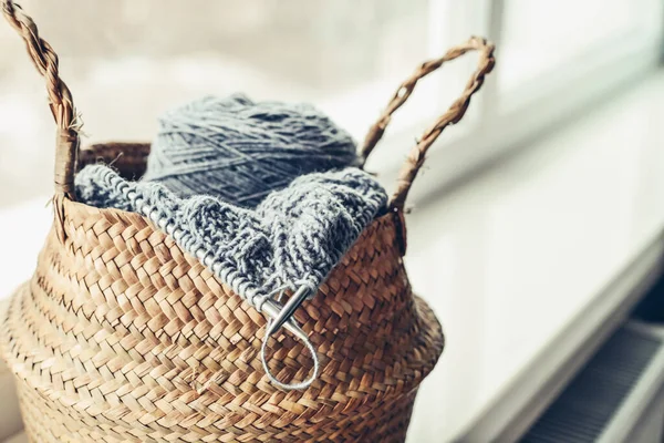 Wicker Basket Knitting Progress Windowsill Home — Stock Photo, Image