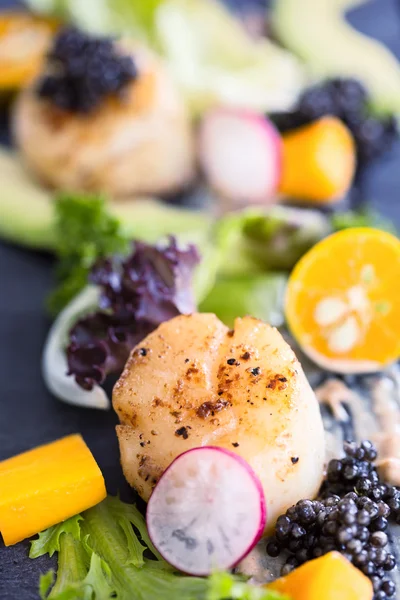 Pan seared Sint-jakobsschelpen met sla, avocado, radijs, mango en zwart — Stockfoto