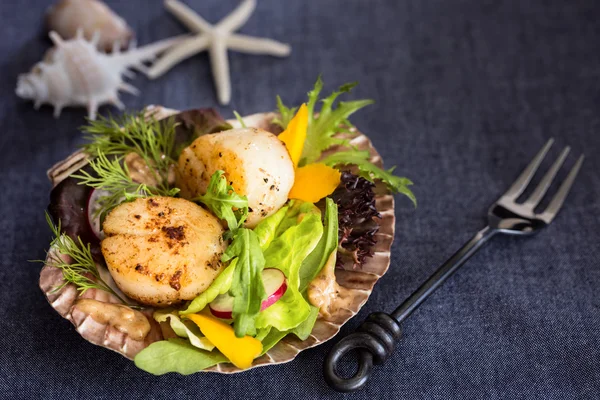 Fresh seared sea scallops salad with mango, radish, avocado on s — Stock Photo, Image