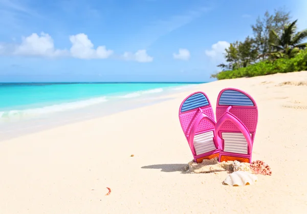 Summer holiday concept. Beautiful lonely beach and colorful slippers on sand — Stock Photo, Image