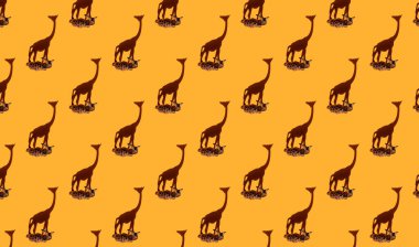 Küçük ahşap zürafa figürlü ve büyük gölgeli turuncu, pürüzsüz arka plan. 