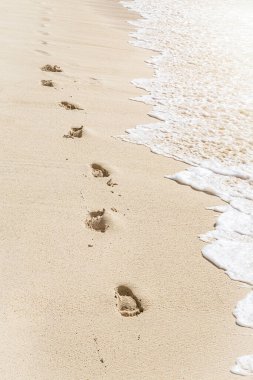 Tropikal sahilde suyun yakınındaki kumda insan ayağının izi, dikey bileşim. 