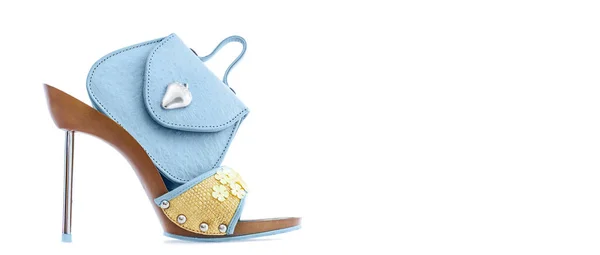 Petit Sac Main Bleu Chaussures Stiletto Pour Dames Isolé Sur — Photo