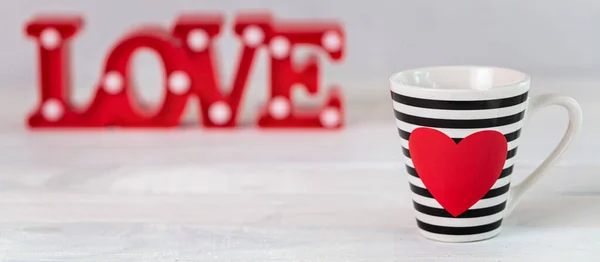 Stripy Black White Cup Red Heart White Background Valentine Day — Stock Photo, Image