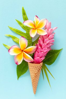 Tropikal çiçekli dondurma külahı frangipani ve devekuşu tüylü açık mavi arka planda zencefil, düz yatış, dikey kompozisyon 