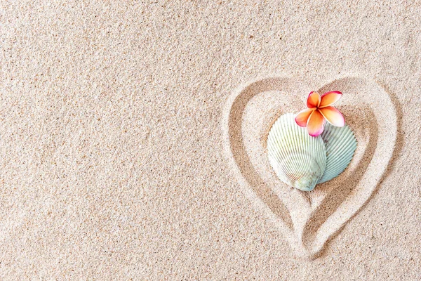 Dos conchas marinas en forma de corazón en una playa de arena suave con espacio para copiar, vista superior Imagen de archivo